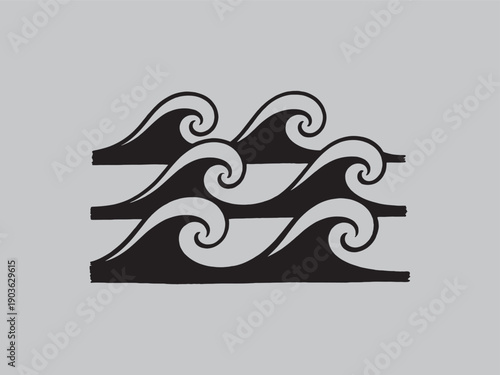 Stylized black waves in a clean, graphic illustration style, representing the sea or ocean, perfect for nature or travel themes.