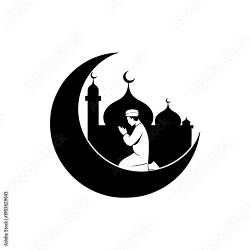 Man praying in mosque during Ramadan with crescent moon