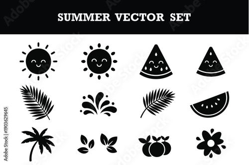 Cute and playful summer vector icon set featuring suns leaves fruits and flowers perfect for designs
