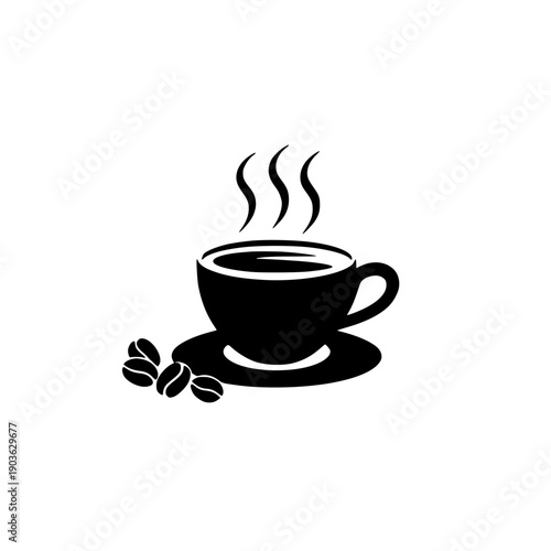 Steaming cup of coffee with coffee beans on saucer