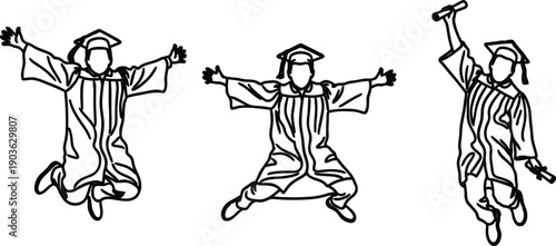 Three graduates in gowns and caps jumping in celebration  graduates jumping in gowns and caps celebrating