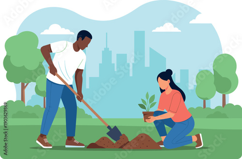 Diverse couple planting a young tree in a city park for environmental sustainability community gardening urban reforestation and green ecology flat vector illustration.
