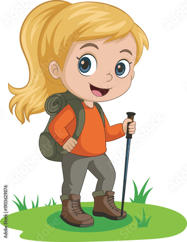 Cute cartoon girl hiking with backpack and walking stick, ideal for outdoor adventure themes, kids travel concepts, camping education, nature exploration, and playful illustrations