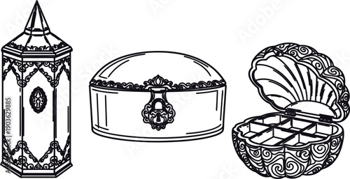 Three ornate jewelry boxes with intricate designs and patterns  antique treasure containers  luxurious adornments