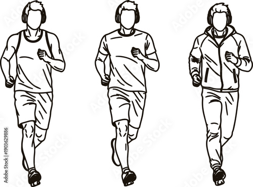 Three men running wearing headphones and different casual sportswear outdoors