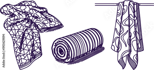 Three towels in different styles and designs for bathroom accessories  various textures and patterns on towels