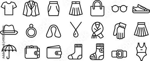 Set of clothing and fashion accessory line icons including t-shirt, skirt, bag, shoes and wallet, vector illustration isolated.