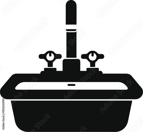 A black and white illustration of a bathroom sink with two faucets