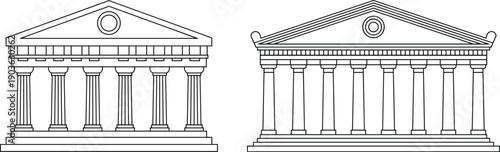 Ancient classical temple line illustration with greek roman columns courthouse museum architecture outline vector design