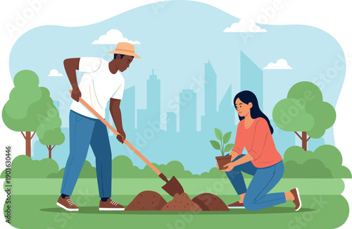 Diverse couple planting young tree in city park with man wearing sun hat for environmental sustainability community gardening and urban reforestation flat vector