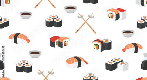 Sushi Feast: A delightful array of sushi rolls and nigiri, artfully arranged with chopsticks and soy sauce, creating a tempting culinary experience.