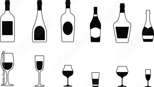 Black wine bottle and glass icons set alcohol beverage symbols bar restaurant menu isolated vector minimal design