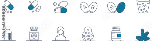 Set of pharmacy and vitamin line icons including pills, capsules, medicine bottles and supplements, vector illustration isolated