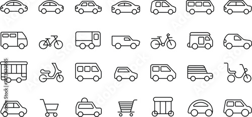 Set of transportation and vehicle line icons including car, bus, truck, bicycle and scooter, vector illustration isolated on white background