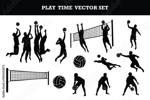 Dynamic volleyball action vector illustration with players performing various moves and skills isolated set