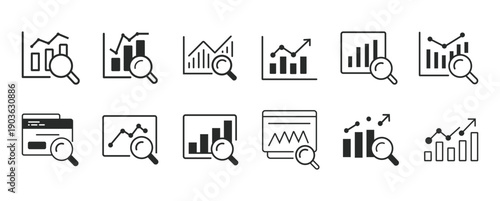 Professional business icons for data analysis and strategy. Use for business strategy, performance metrics, and market research.