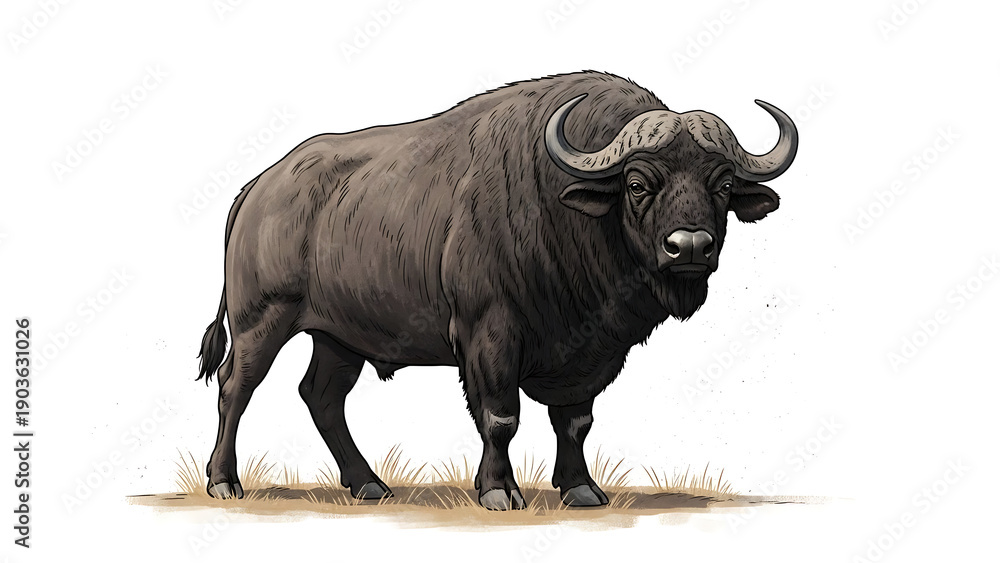 Obraz premium African buffalo drawing illustration powerful mammal standing in savanna sketch style detailed texture artwork showing strength and wild nature