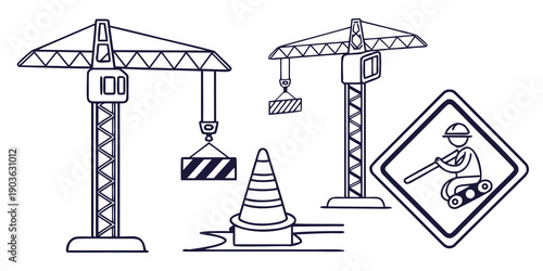 Construction site with cranes, traffic cones, and safety signs