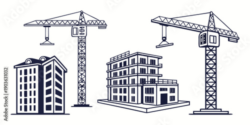 Three cranes towering over a construction site with partially built buildings.