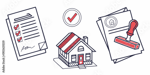 A person holding a pen over a document with a house illustration.