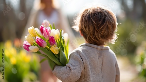 A young boy holds a bouquet of flowers in his hand