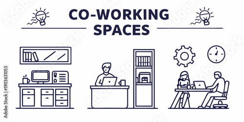Illustration of a co-working space with people working and interacting