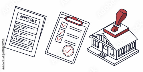 Various types of documents and a stamp representing official approval