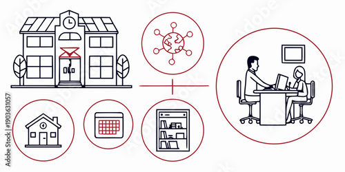Illustration of various services and facilities for community support and safety