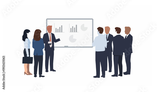 Business meeting presentation vector with presenter explaining data on whiteboard to team in modern office