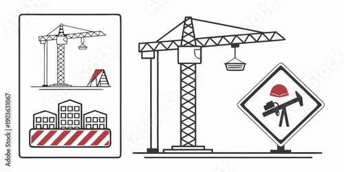Construction site with a crane and warning signs for safety and restricted area