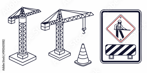 Construction site with crane, traffic cone, and pedestrian warning sign.