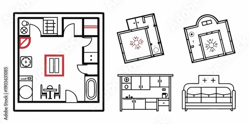 A detailed floor plan of a house with various rooms and furniture arrangements.