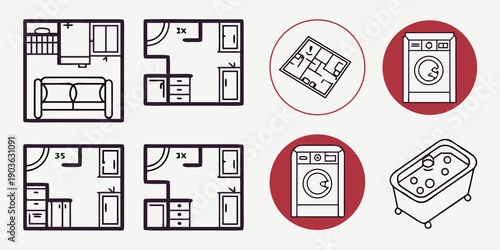 A collection of floor plans and icons representing various building features and amenities.