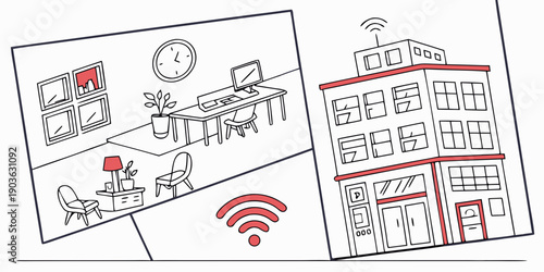 A detailed illustration of a smart home system with various connected devices.