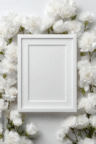 Elegant white floral memorial announcement background with empty frame soft light and calm neutral tones