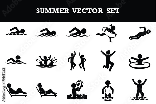 Fun and colorful summer activities vector icon set featuring swimming diving and beach relaxation elements perfect for designs posters and websites