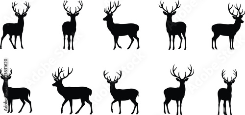 Deer silhouette icon set featuring stag poses, wildlife animals, forest nature symbols, black vector illustration collection isolated on white