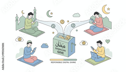 Illustration of people praying and donating to charity box with crescent moon and stars, vector a (65).eps