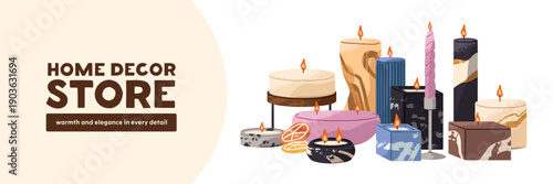 Composition of scented candles promotion template. Design of home decor advertising banner. Cute, elegant burning aroma candlelight in jars for interior decoration on layout. Flat vector illustration.