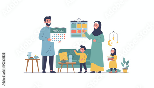 Family planning their daily schedule together in a cozy living room with a calendar and clock nearby