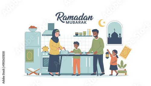 A family gathering in the kitchen during Ramadan, with a warm atmosphere and a sense of togetherness and celebration.