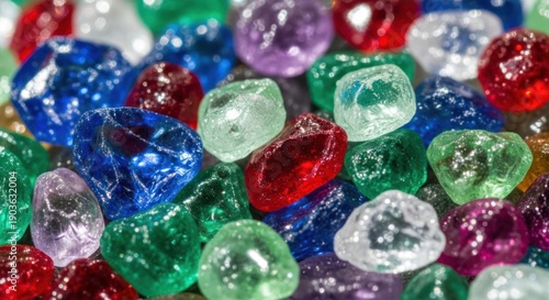 A vibrant assortment of colorful gemstones scattered closely together in a close-up view