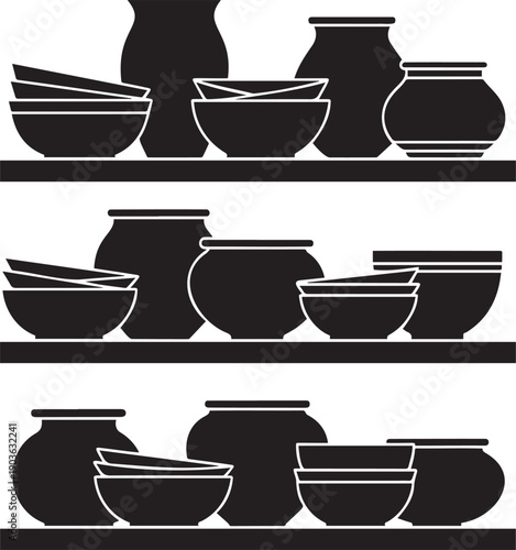Black silhouette of ceramic pots and bowls on shelves.