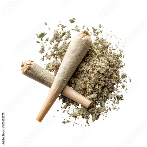 Two cannabis joints resting on a pile of dried marijuana buds isolated on a transparent background weed