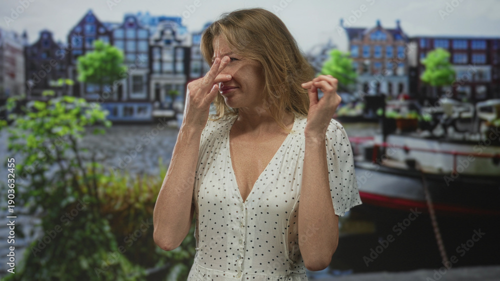 Fototapeta premium Woman pinches nose with hand on street beside amsterdam canal and moored boat, near waterfront buildings; odor disgust discomfort.