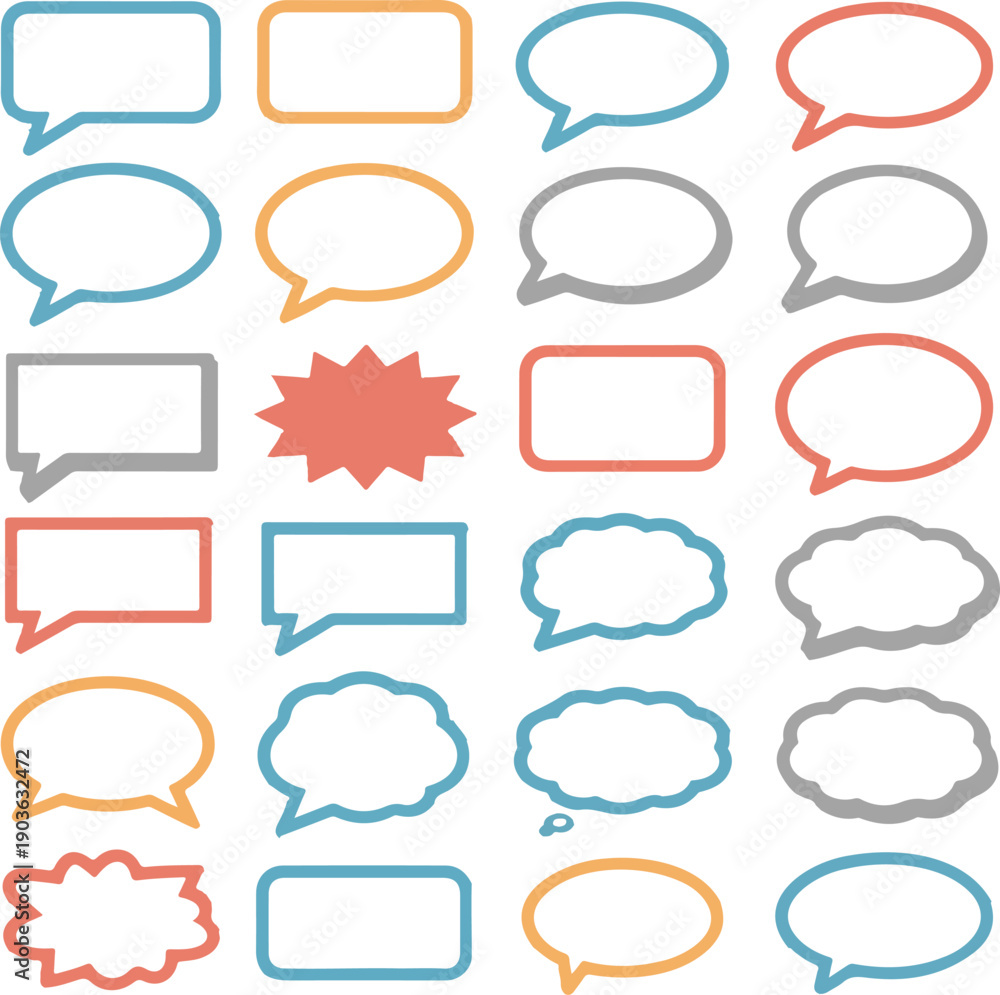 Fototapeta premium Assorted chat boxes and thought bubbles in various pastel colors arranged in grid for digital communication art.