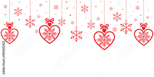Red heart ornaments and snowflakes hanging on white background, festive romantic winter design with decorative strings. Perfect for Valentine’s Day, Christmas cards, holiday banners, invitations.