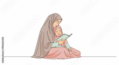 Muslim mother in hijab teaching young daughter to read a book, symbolizing Islamic education, family values, and early childhood learning. Vector illustration.