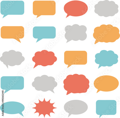 Assorted chat boxes and thought bubbles in various pastel colors arranged in grid for digital communication art.
