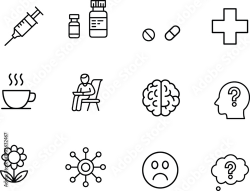 Healthcare and mental health line icon set showing medicine, vaccination, therapy, wellness, psychology, medical support symbols vector illustration